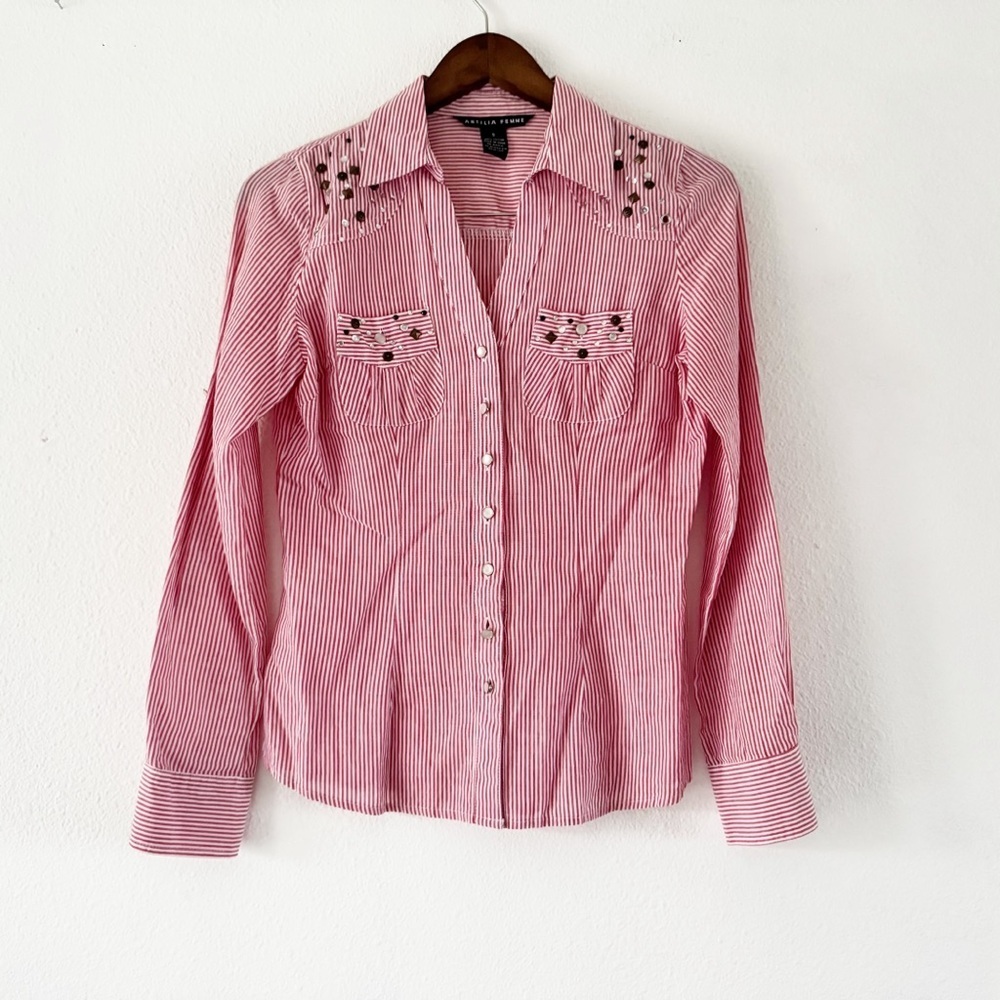 Cotton Button Poplin Collared Top Jewel Stud Gem Mixed Embellish Roll Tab Small